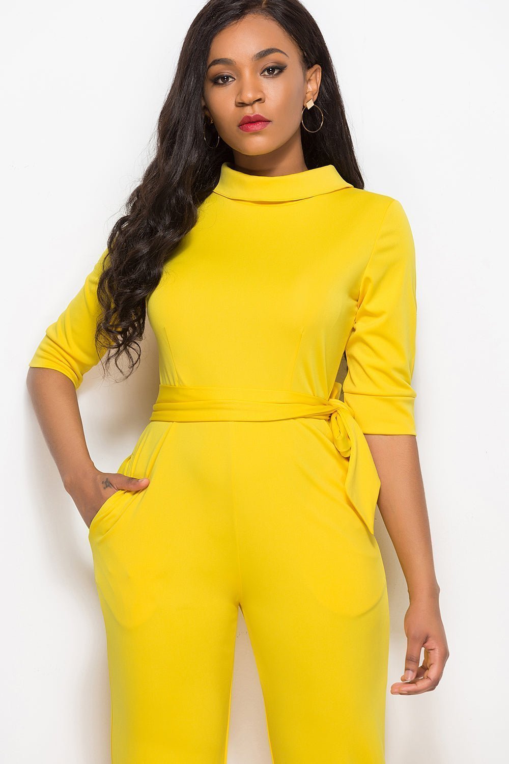 Mock Neck Tie-Waist Half Sleeve Jumpsuit | Sugarz Chique Boutique