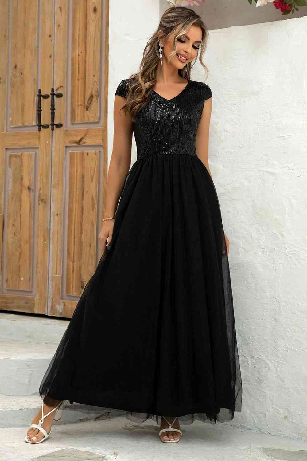 Sequin V-Neck Mesh Maxi Dress | Sugarz Chique Boutique