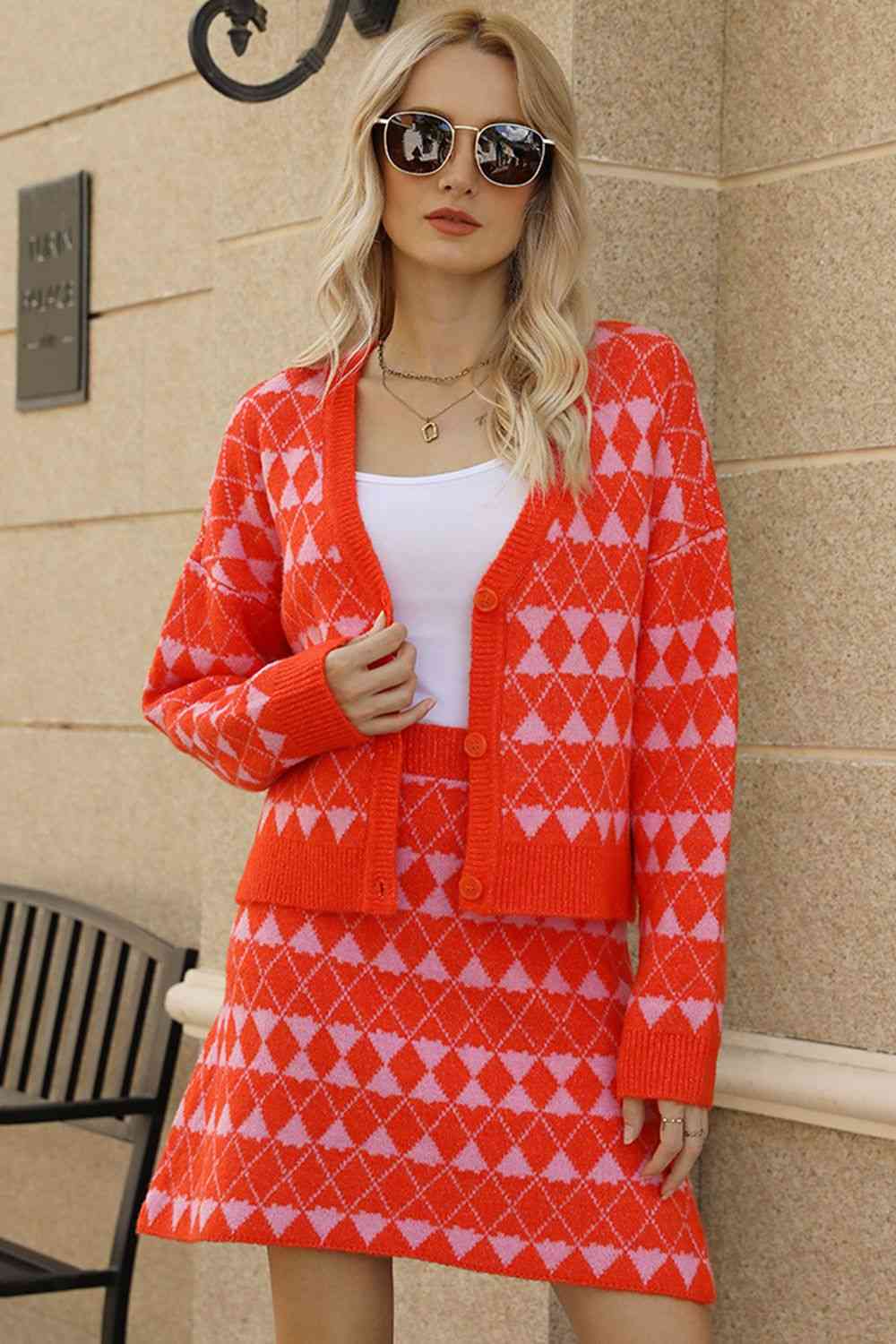 Geometric Dropped Shoulder Cardigan and Knit Skirt Set | Sugarz Chique Boutique