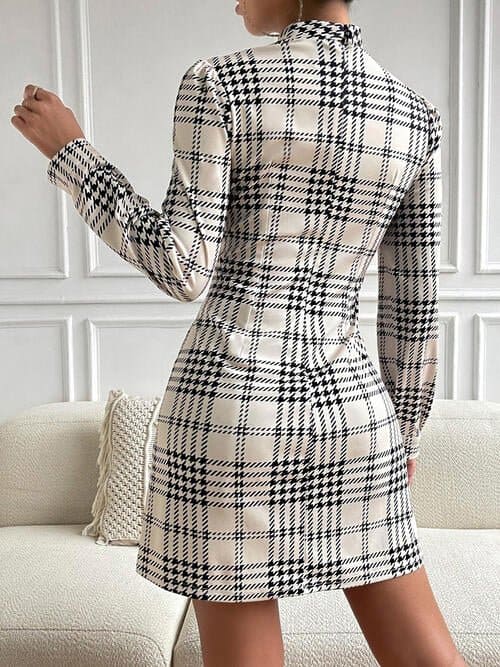 Houndstooth Mock Neck Cinched Mini Dress | Sugarz Chique Boutique