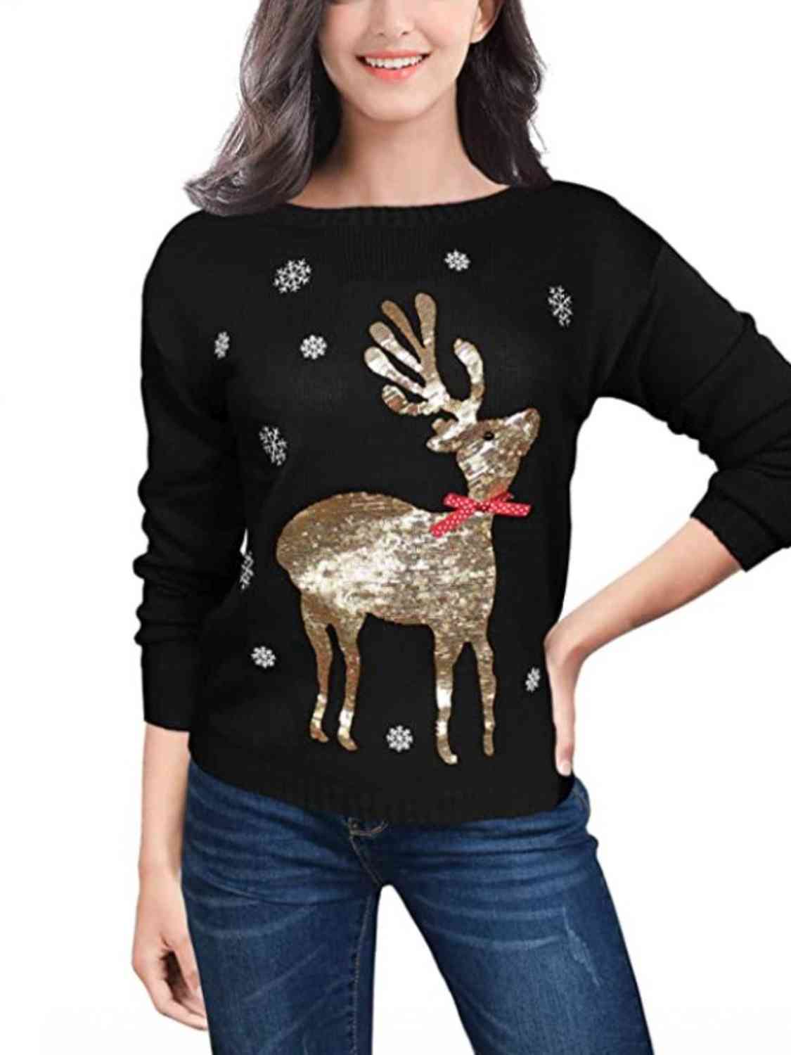 Sequin Reindeer Graphic Sweater | Sugarz Chique Boutique