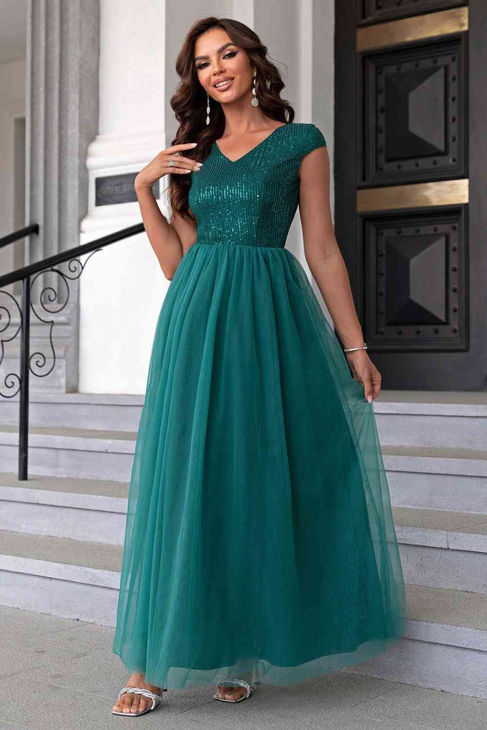 Sequin V-Neck Mesh Maxi Dress | Sugarz Chique Boutique