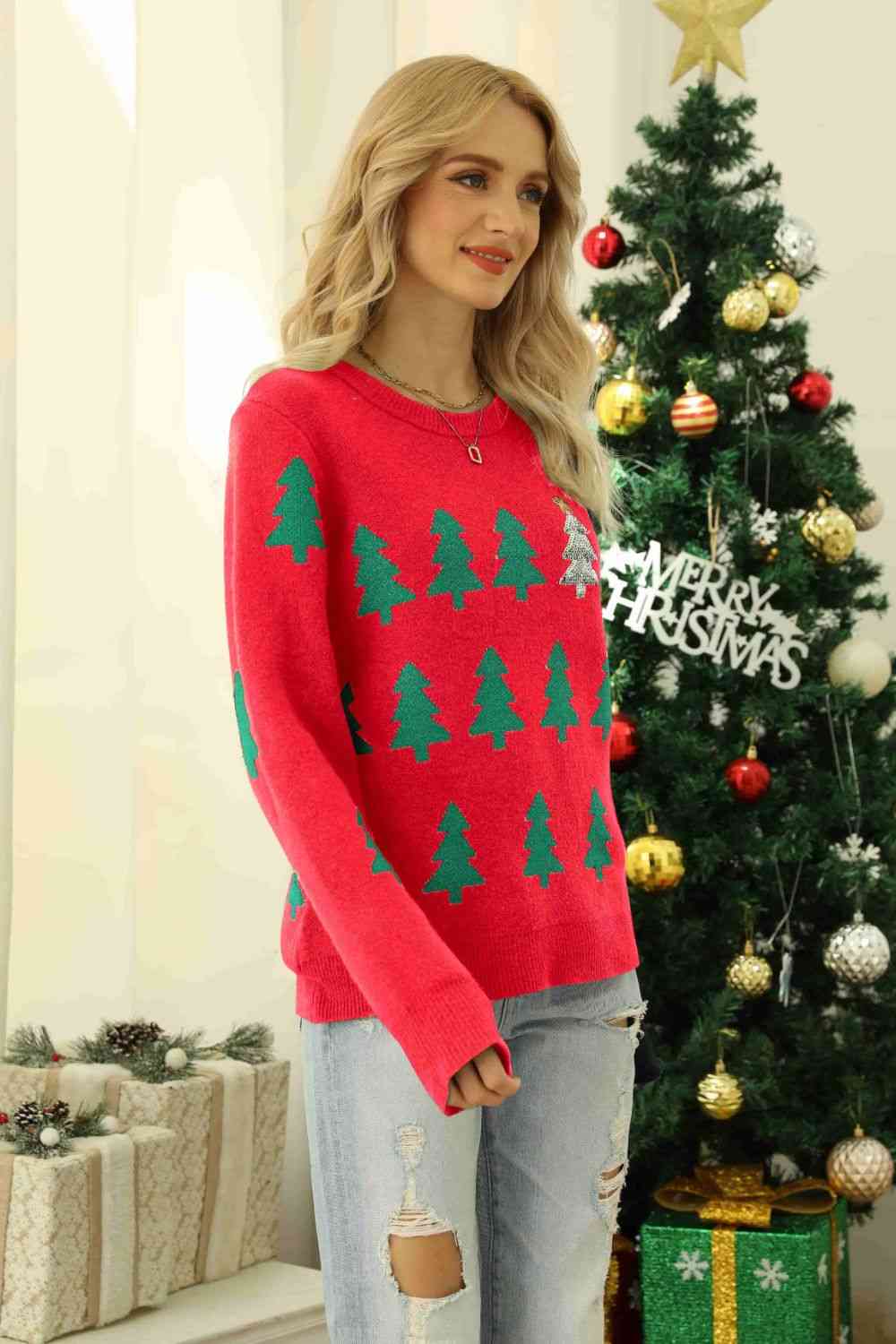 Christmas Tree Round Neck Ribbed Trim Sweater | Sugarz Chique Boutique