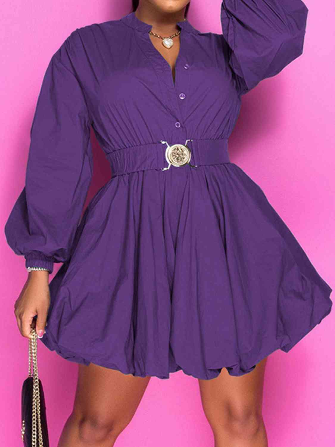 Notched Button Up Balloon Sleeves Dress | Sugarz Chique Boutique