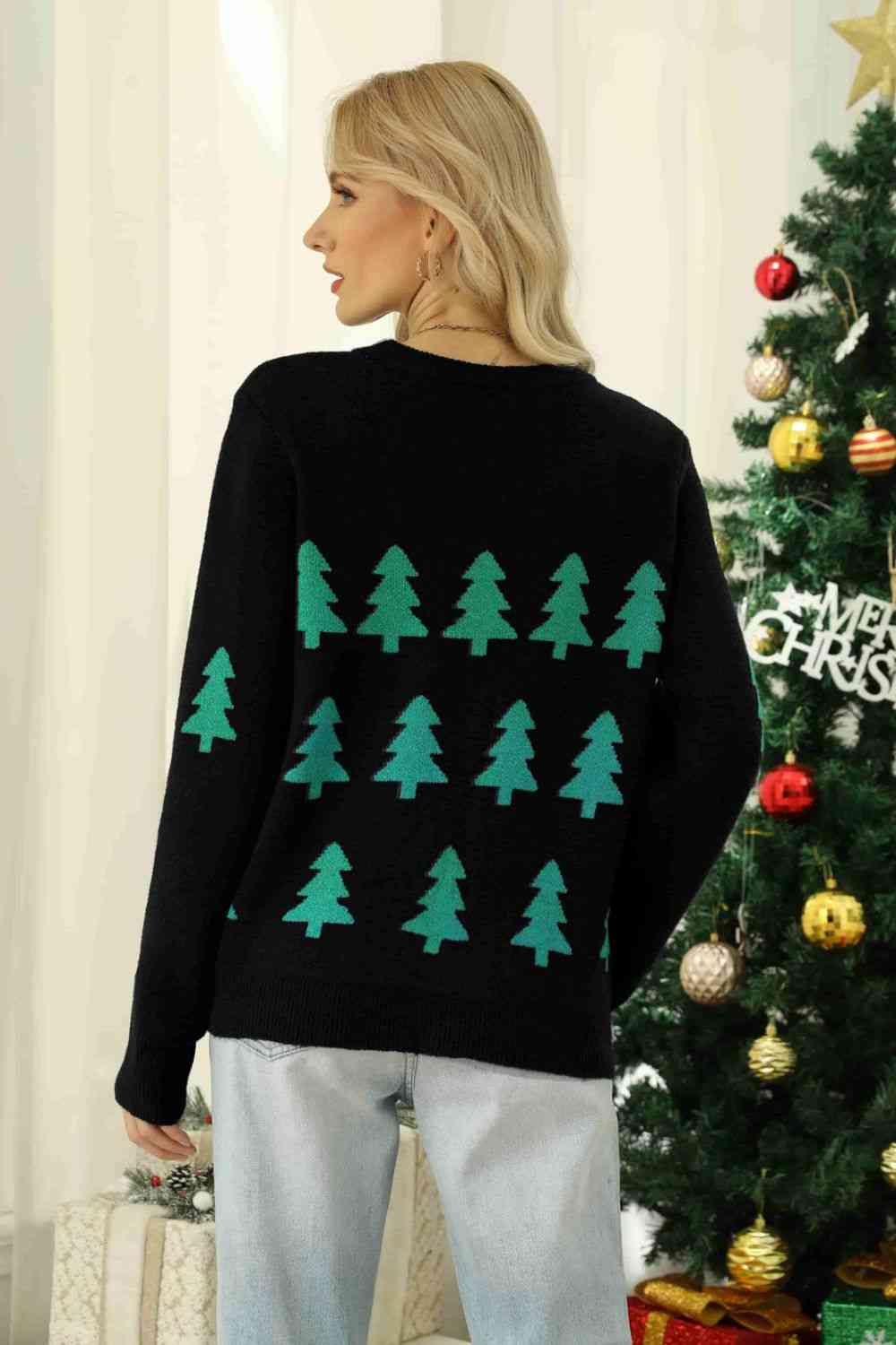 Christmas Tree Round Neck Ribbed Trim Sweater | Sugarz Chique Boutique