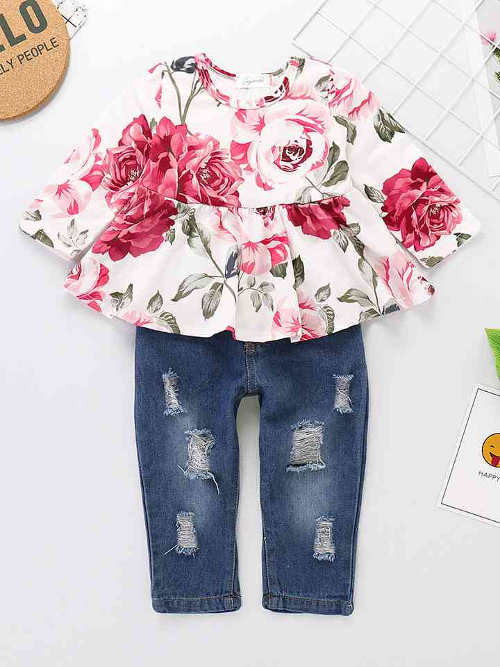 Printed Round Neck Long Sleeve Blouse and Distressed Jeans Set | Sugarz Chique Boutique