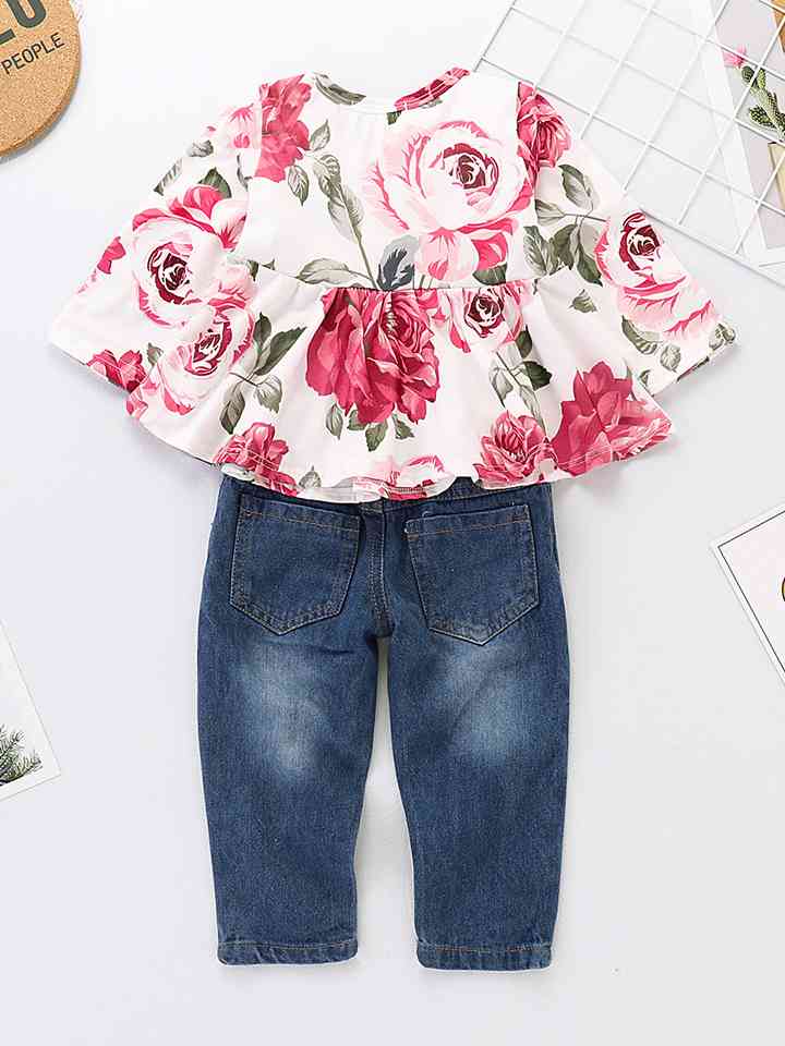 Printed Round Neck Long Sleeve Blouse and Distressed Jeans Set | Sugarz Chique Boutique