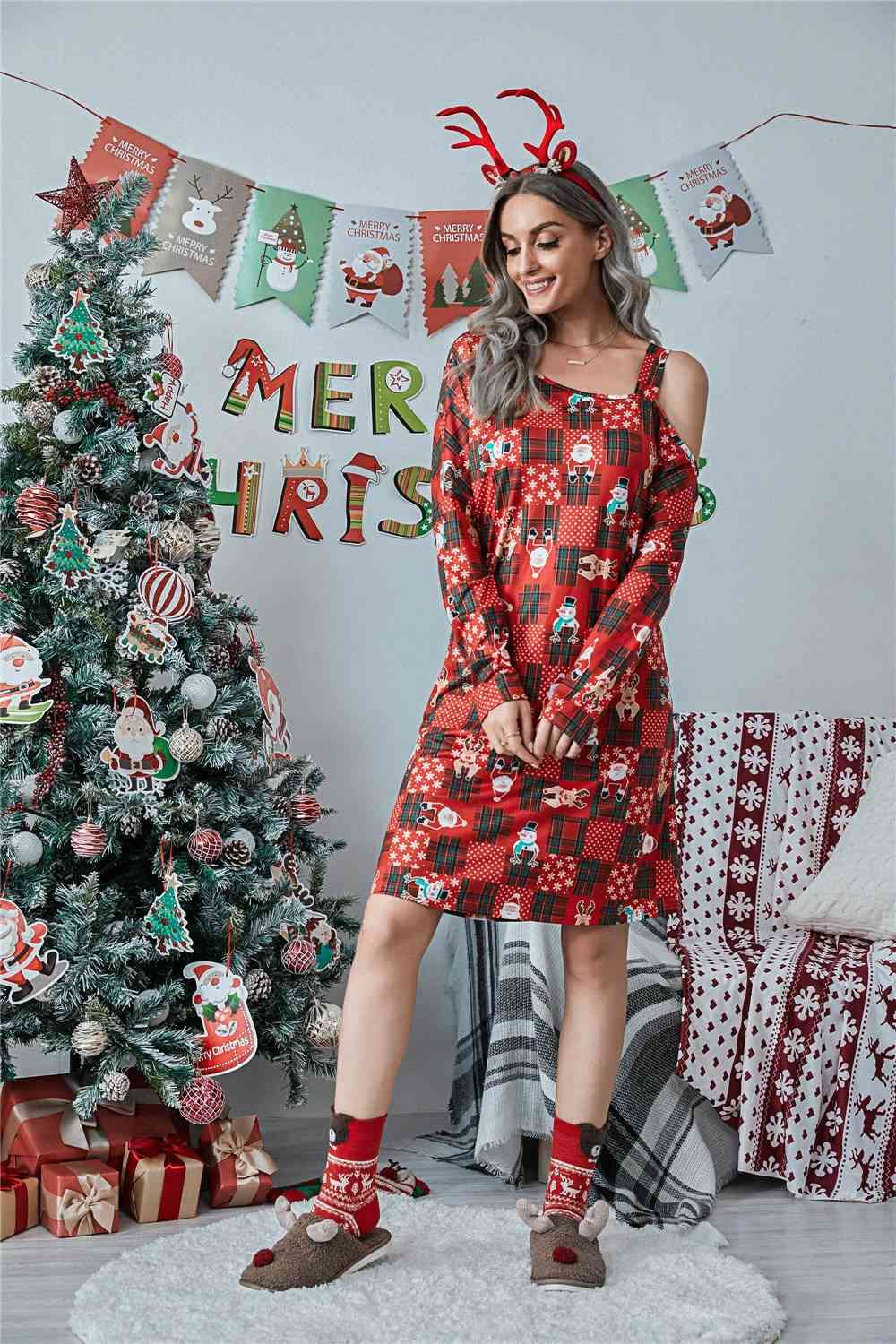 Christmas Asymmetrical Neck Long Sleeve Dress | Sugarz Chique Boutique