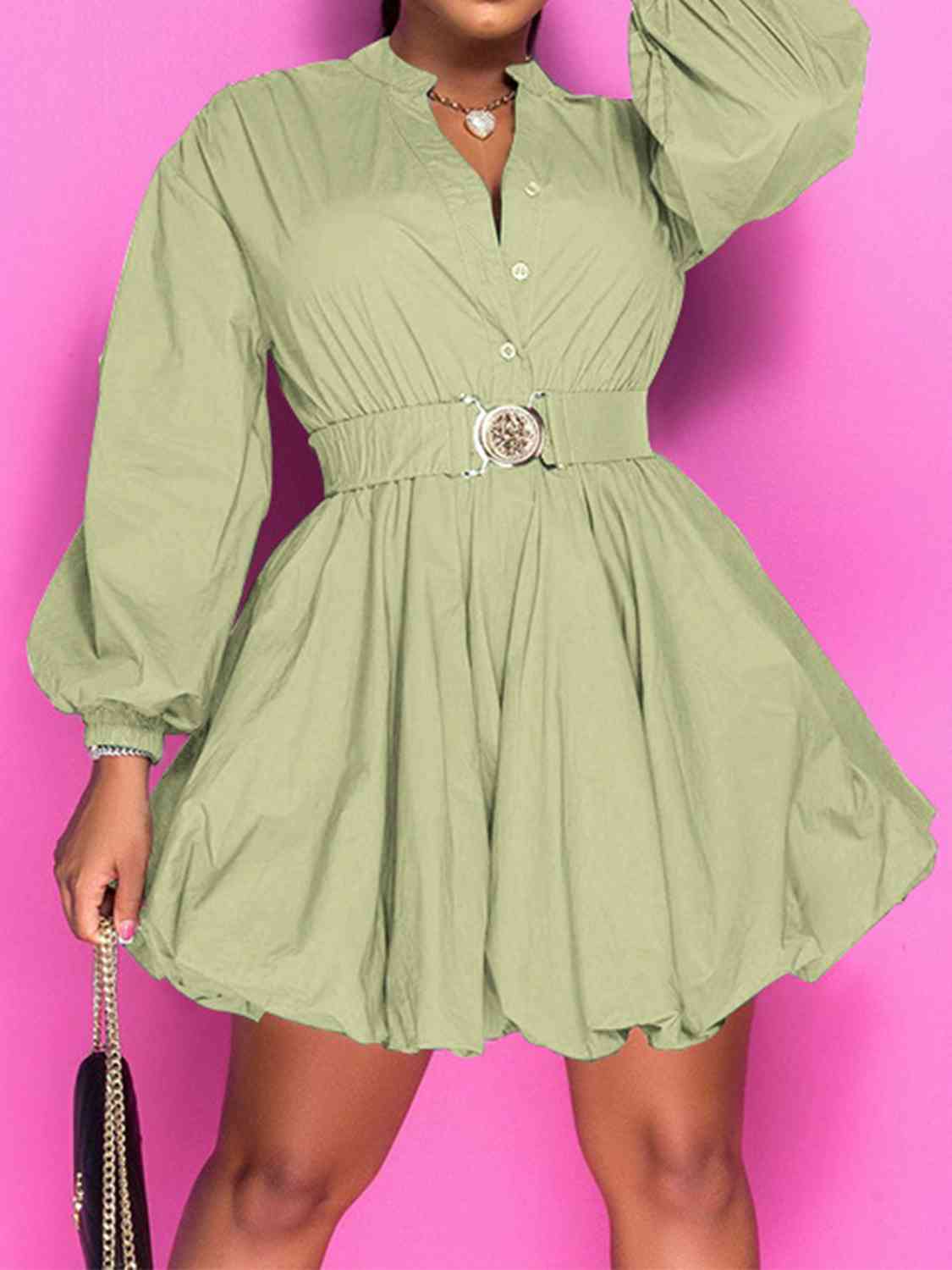 Notched Button Up Balloon Sleeves Dress | Sugarz Chique Boutique
