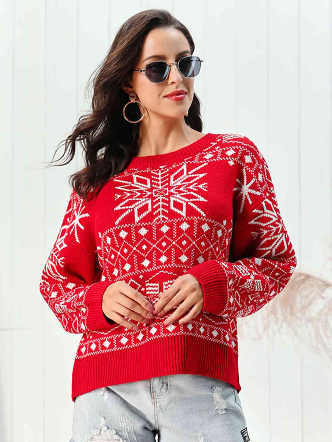 Snowflake Pattern Round Neck Sweater | Sugarz Chique Boutique