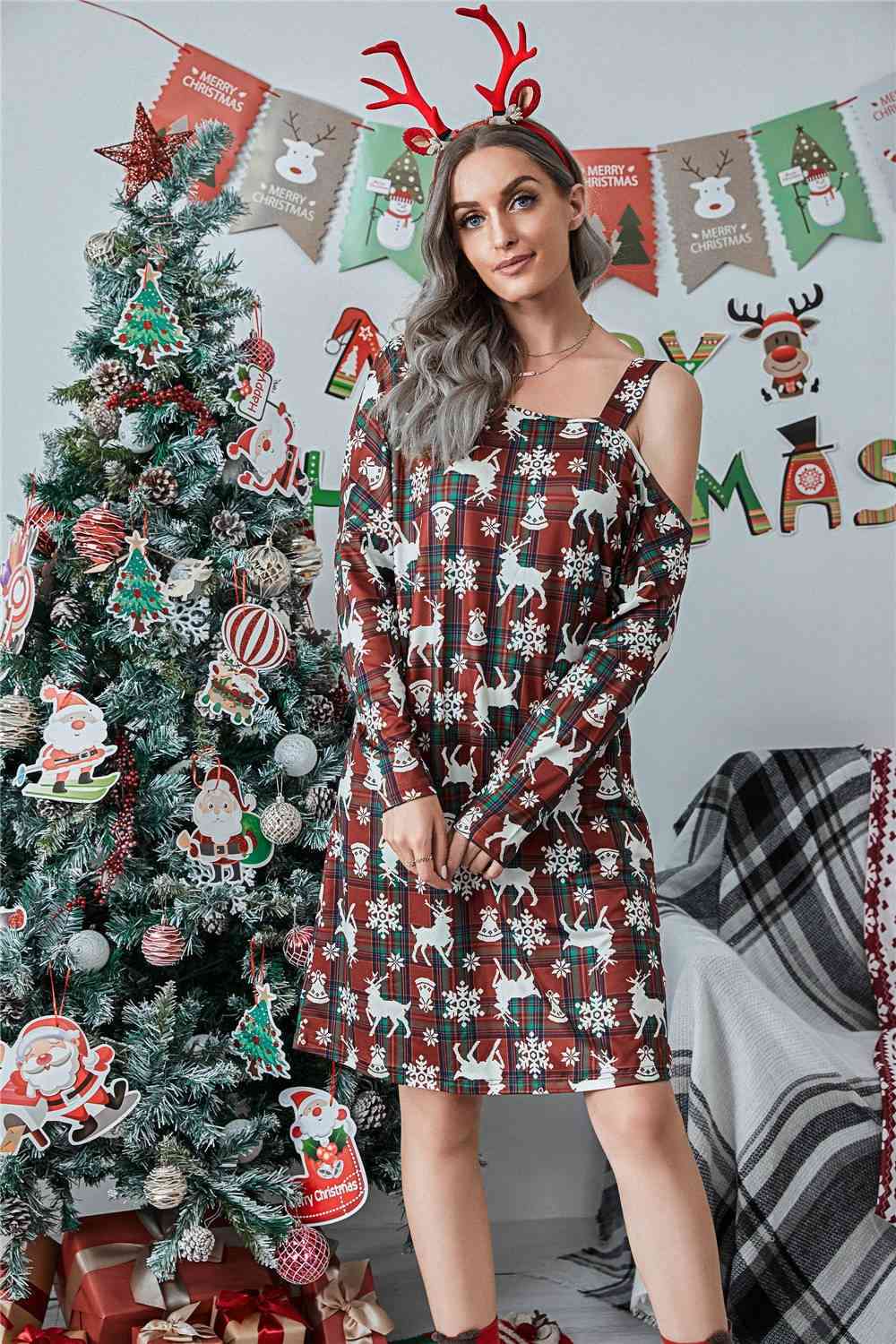 Christmas Asymmetrical Neck Long Sleeve Dress | Sugarz Chique Boutique