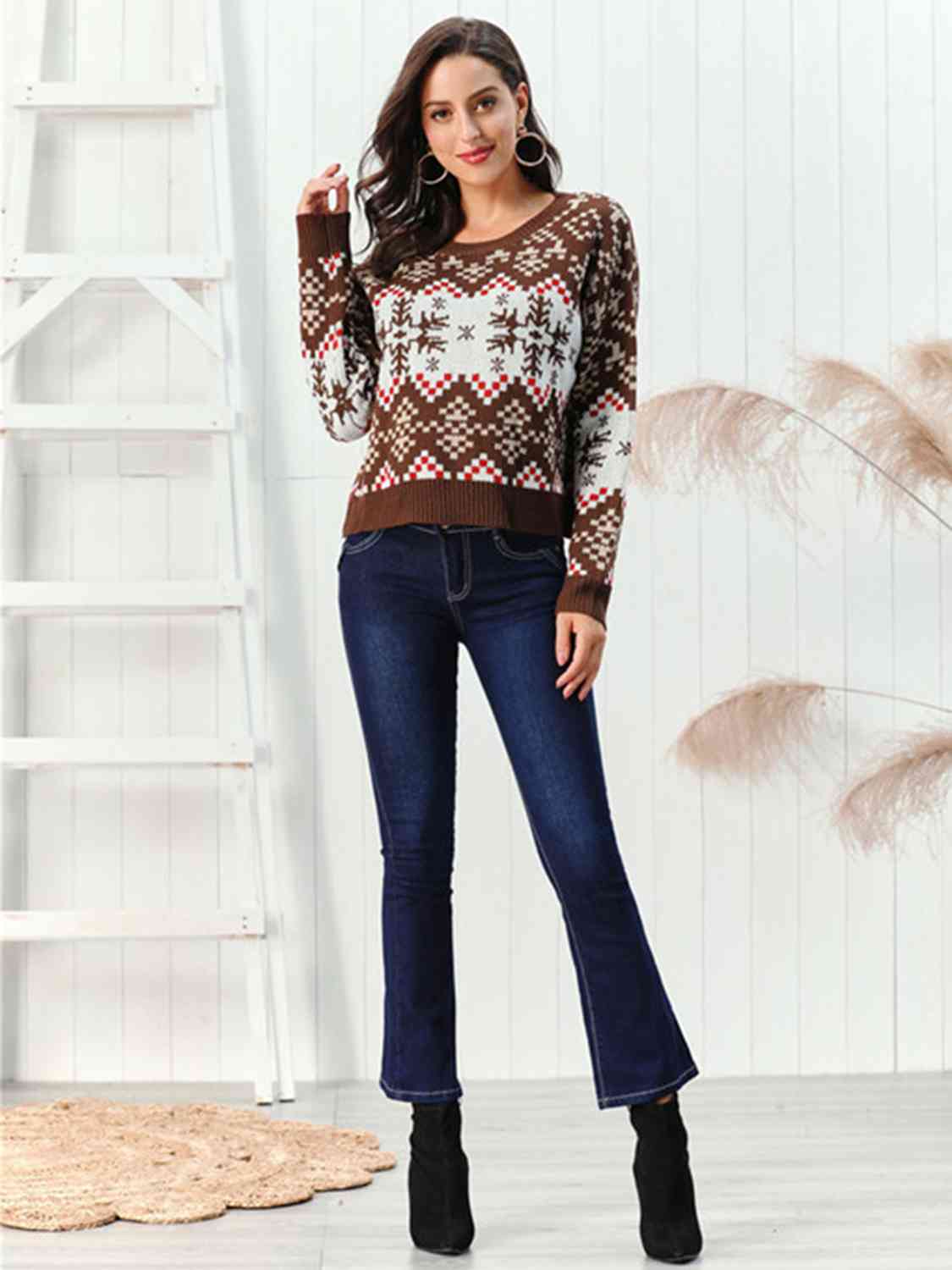 Snowflake Pattern Round Neck Sweater | Sugarz Chique Boutique