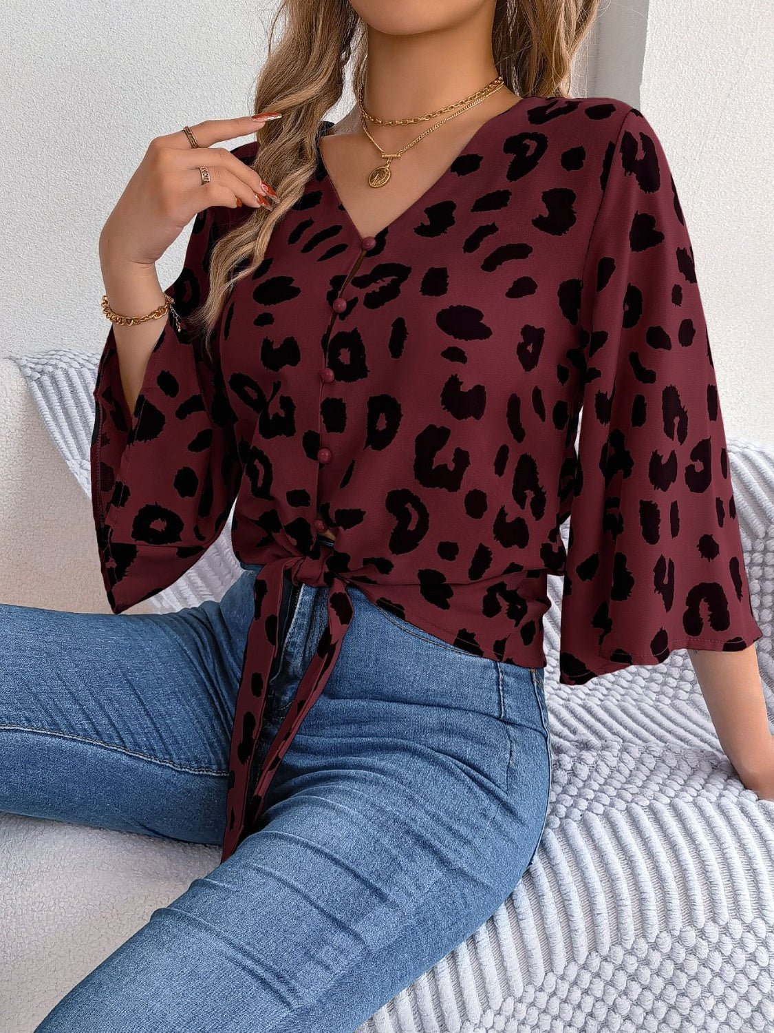 Tied Button Up Leopard V-Neck Blouse | Sugarz Chique Boutique