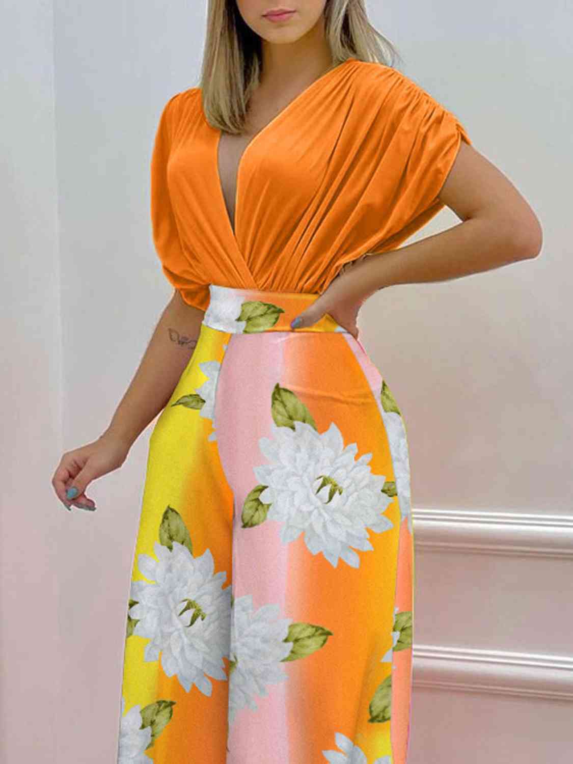 Printed Surplice Top and Wide Leg Pants Set | Sugarz Chique Boutique