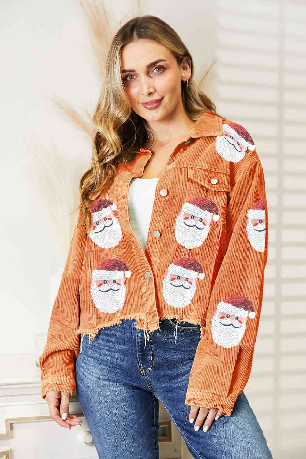 Santa Sequin Raw Hem Jacket | Sugarz Chique Boutique