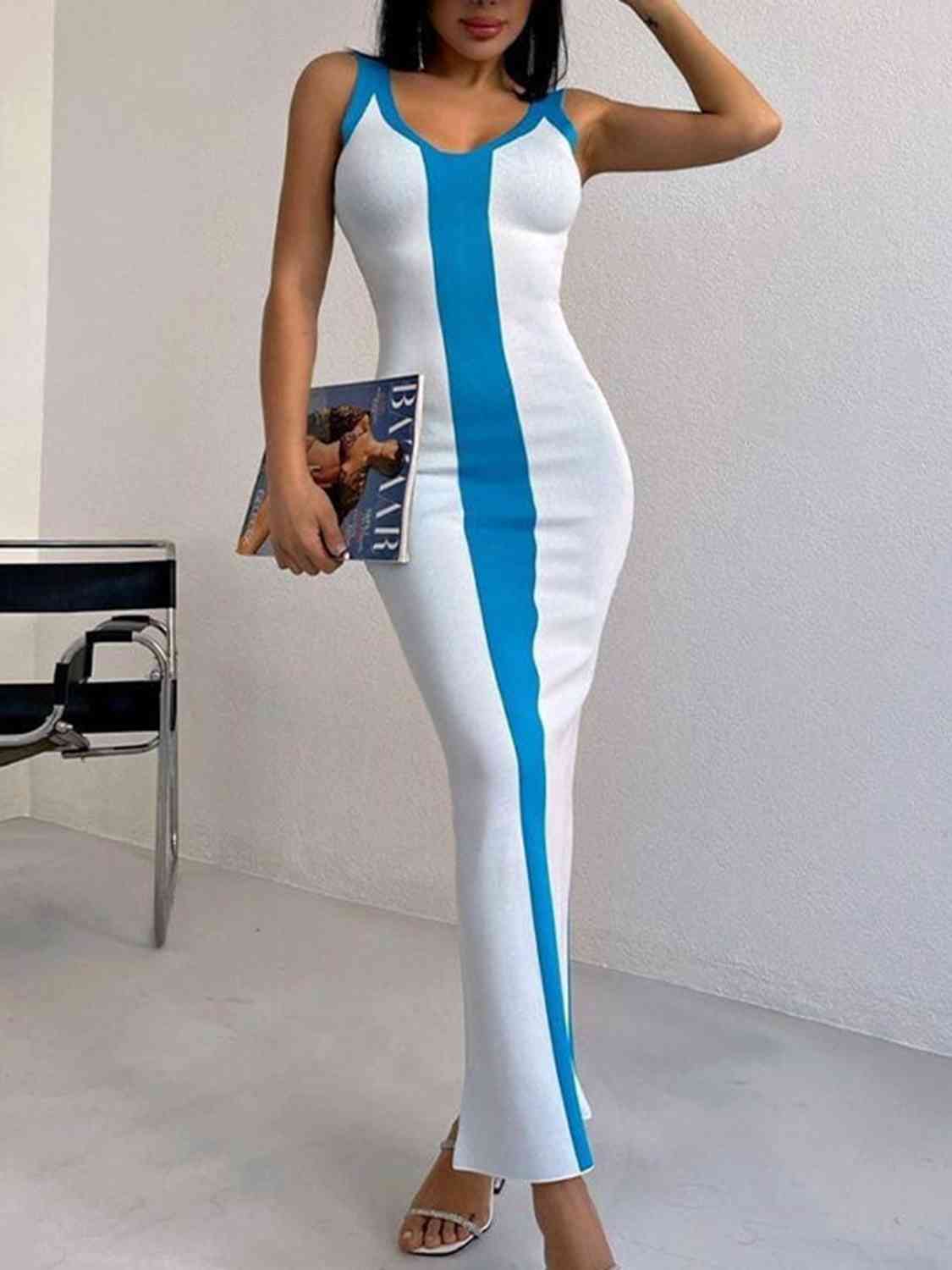 Contrast Wide Strap Slit Midi Dress | Sugarz Chique Boutique