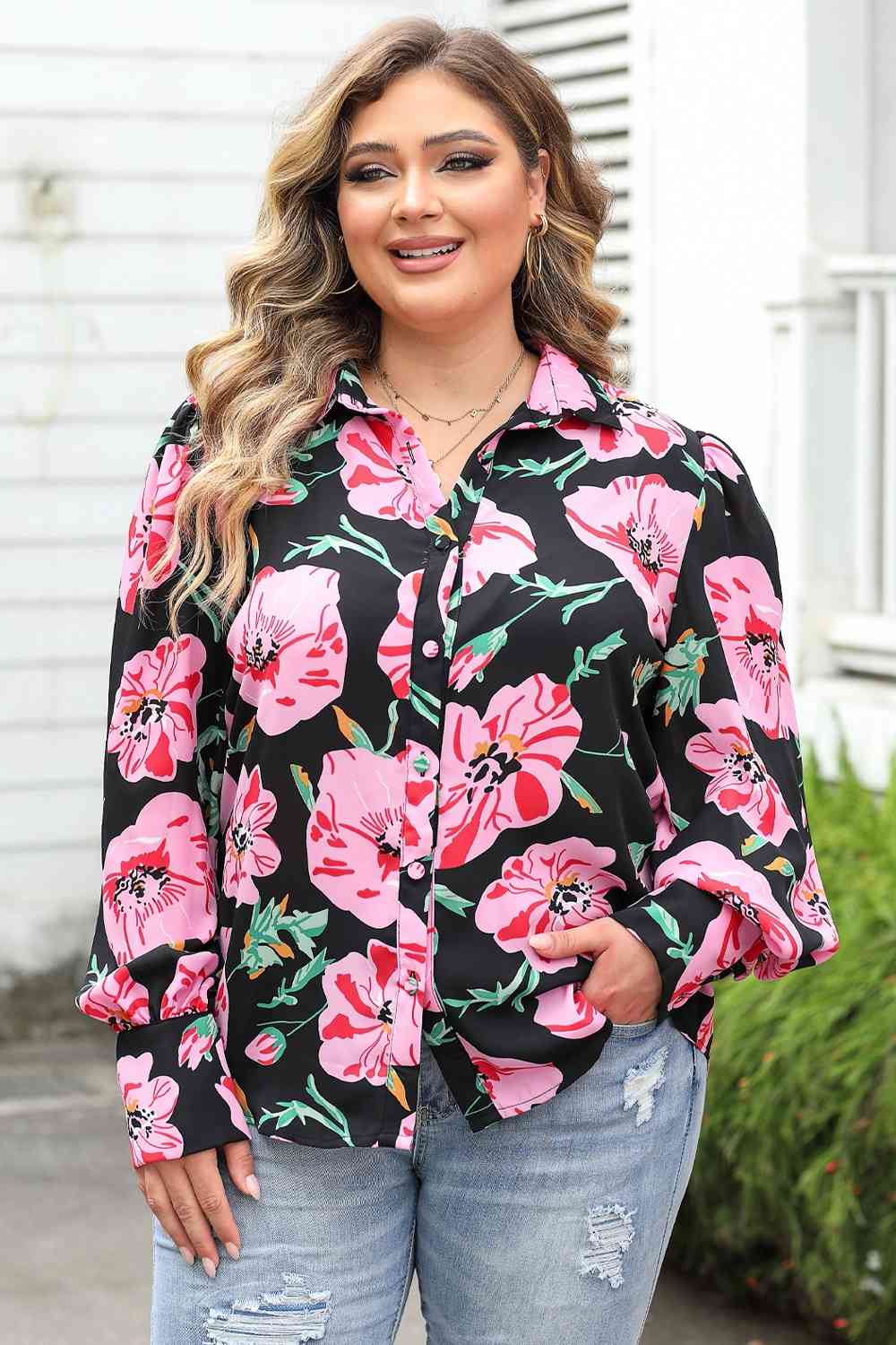 Plus Size Printed Collared Neck Long Sleeve Shirt | Sugarz Chique Boutique