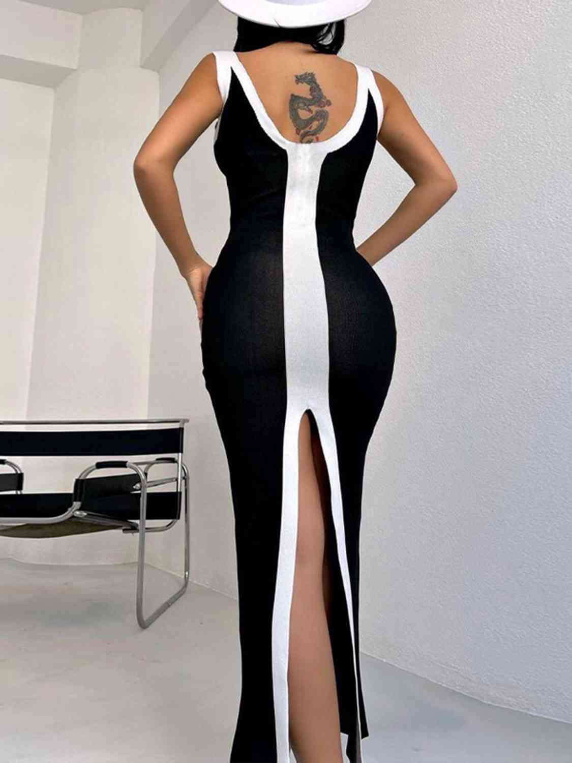 Contrast Wide Strap Slit Midi Dress | Sugarz Chique Boutique
