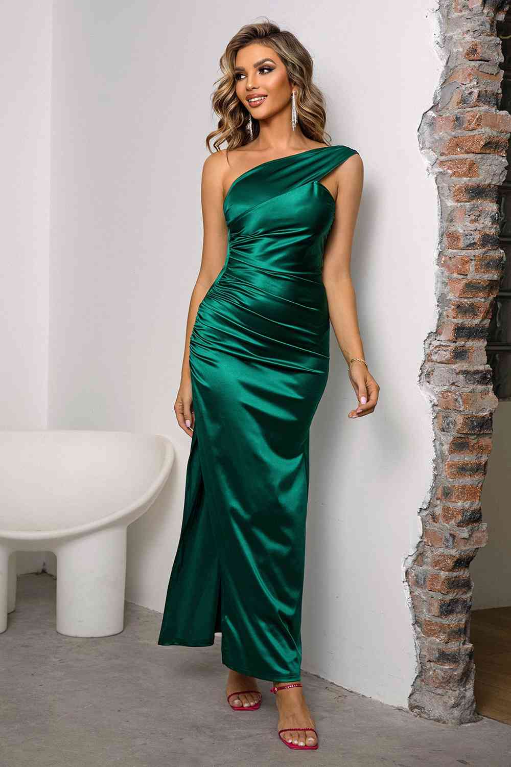 One-Shoulder Ruched Slit Maxi Dress | Sugarz Chique Boutique