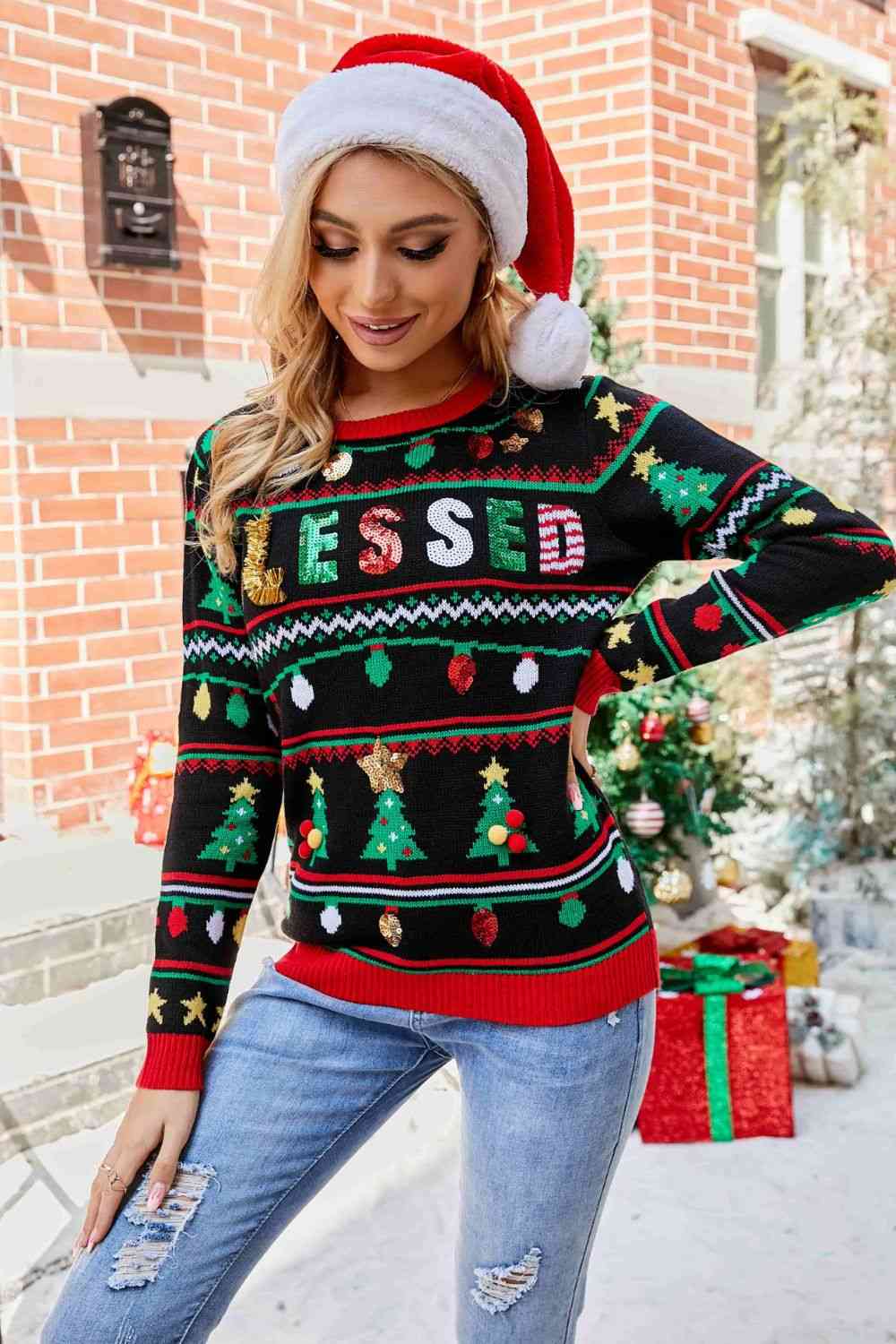 Christmas Print Sequin Round Neck Sweater | Sugarz Chique Boutique