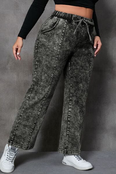 Plus Size Drawstring Pocketed Straight Jeans | Sugarz Chique Boutique