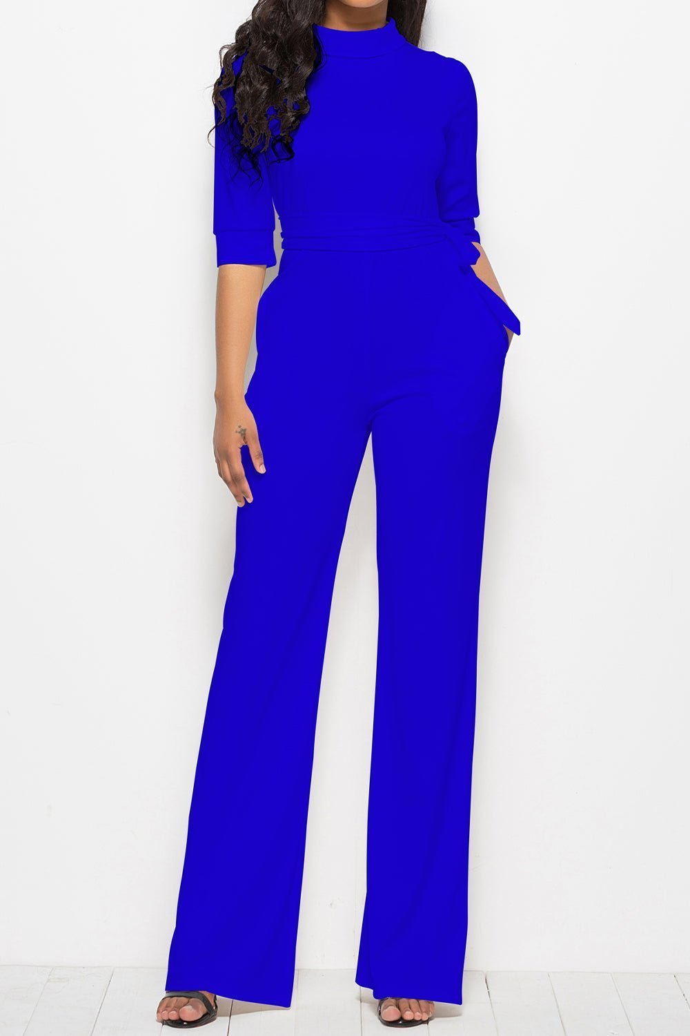 Mock Neck Tie-Waist Half Sleeve Jumpsuit | Sugarz Chique Boutique