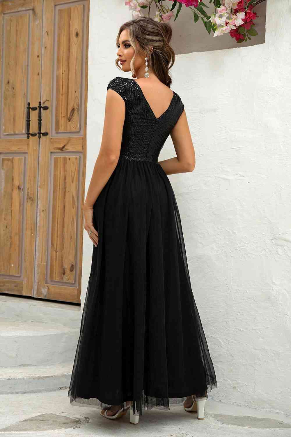 Sequin V-Neck Mesh Maxi Dress | Sugarz Chique Boutique