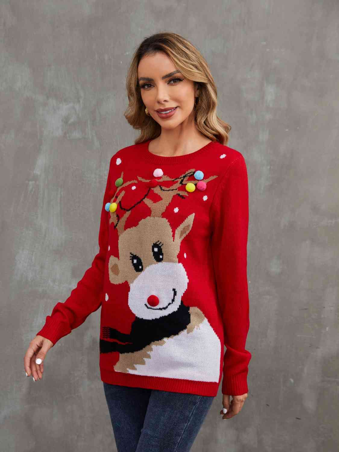 Rudolph Pom-Pom Trim Sweater | Sugarz Chique Boutique