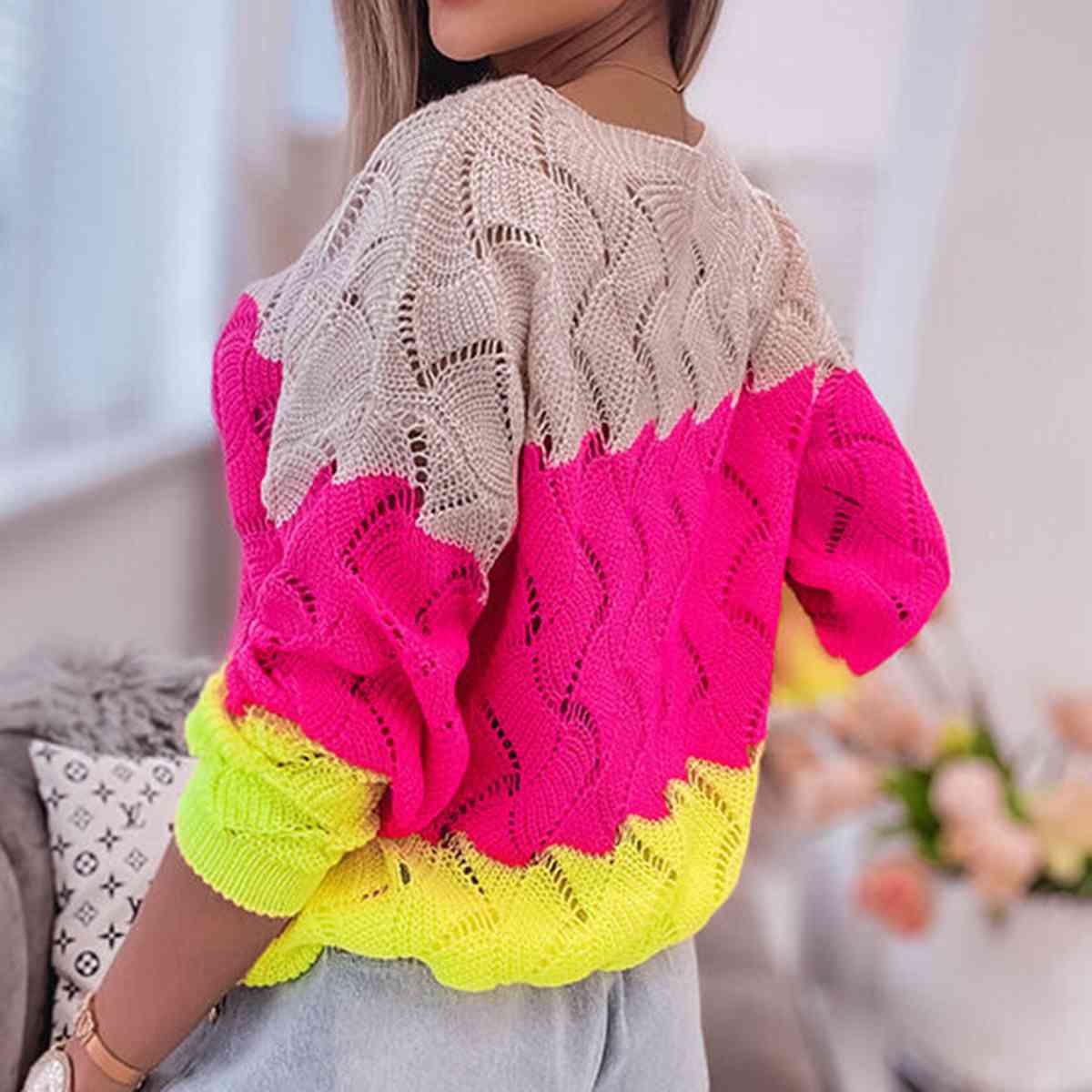 Openwork Color Block Pullover Sweater | Sugarz Chique Boutique