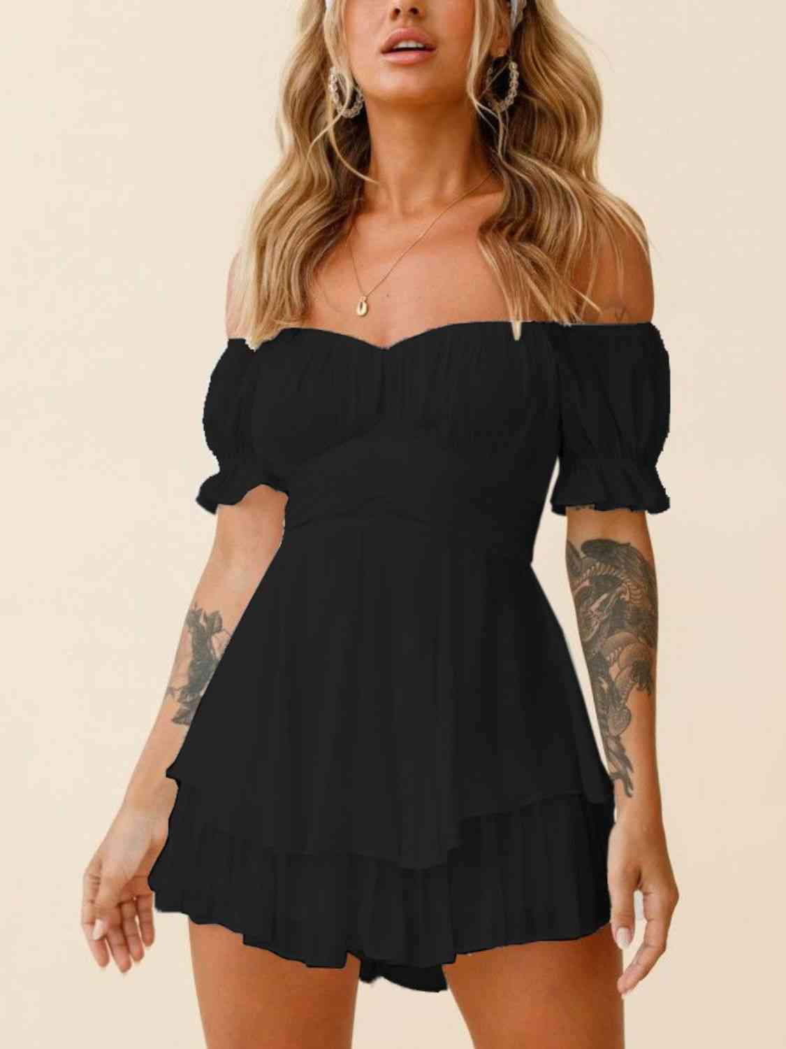 Off Shoulder Flounce Sleeve Romper | Sugarz Chique Boutique