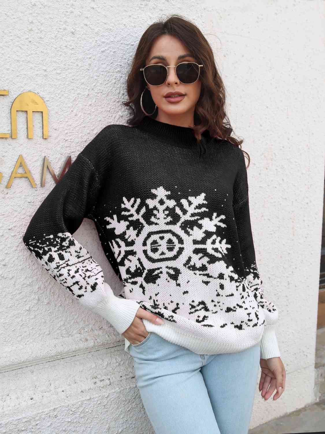 Snowflake Pattern Mock Neck Sweater | Sugarz Chique Boutique