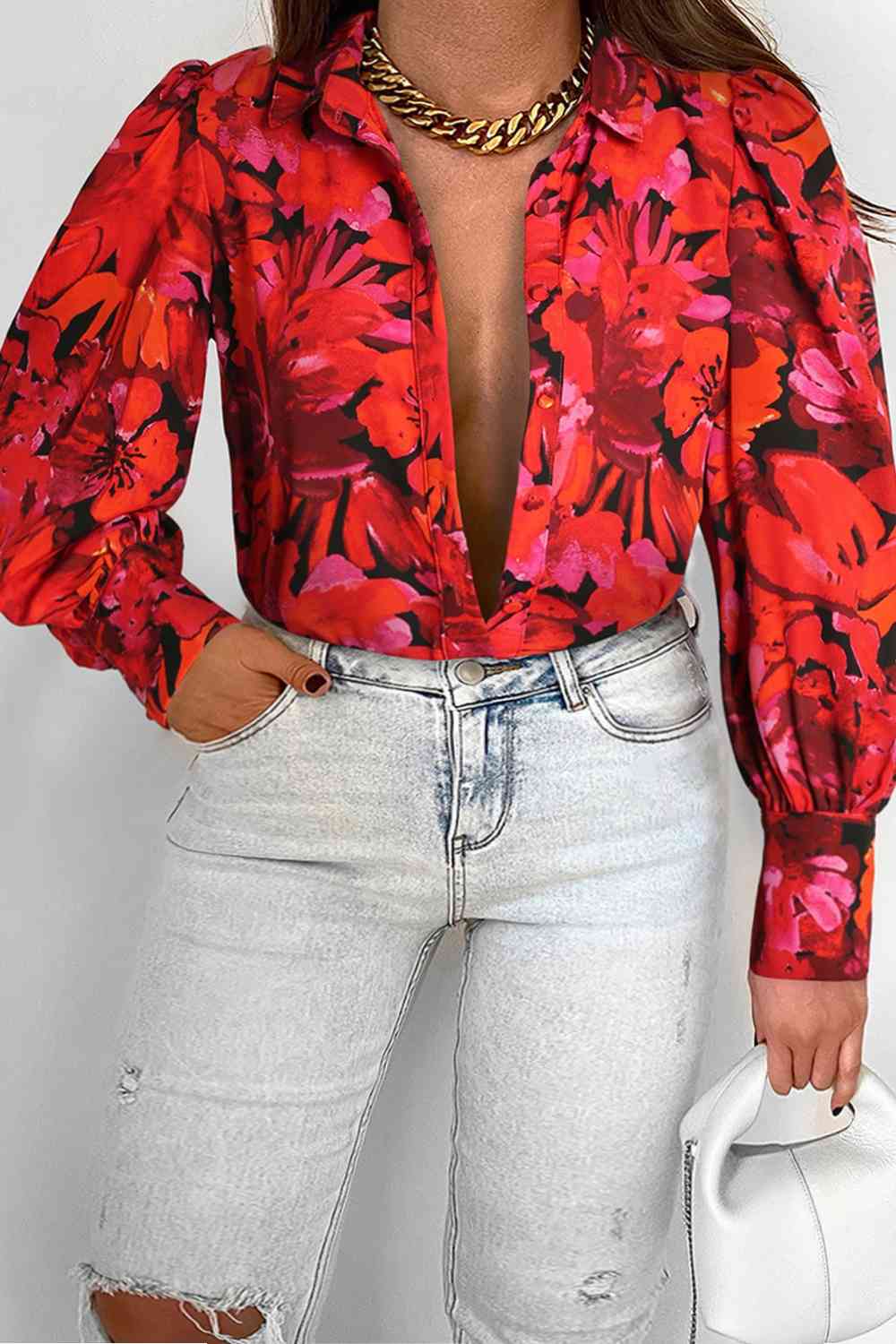 Plus Size Printed Collared Neck Long Sleeve Shirt | Sugarz Chique Boutique