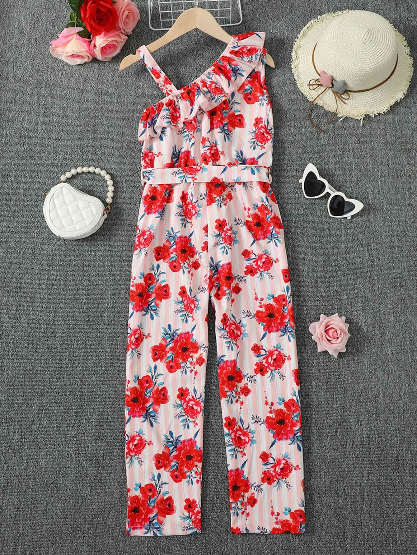 Floral Asymmetrical Neck Tie Belt Jumpsuit | Sugarz Chique Boutique