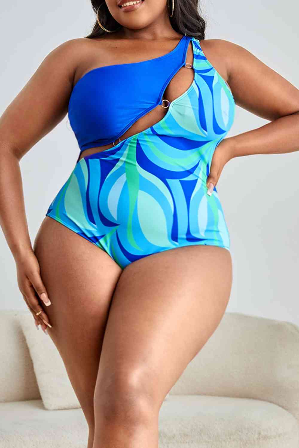 Plus Size Printed Ring Detail One-Shoulder One-Piece Swimsuit | Sugarz Chique Boutique