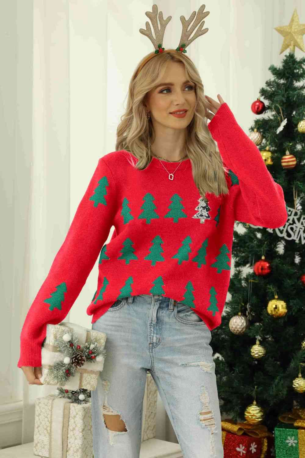 Christmas Tree Round Neck Ribbed Trim Sweater | Sugarz Chique Boutique