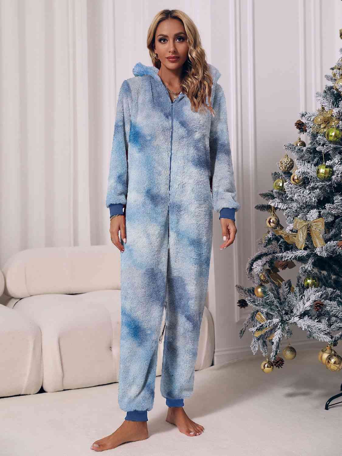 Zip Front Long Sleeve Hooded Teddy Lounge Jumpsuit | Sugarz Chique Boutique