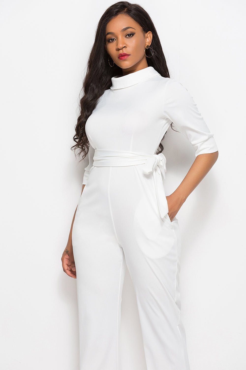 Mock Neck Tie-Waist Half Sleeve Jumpsuit | Sugarz Chique Boutique