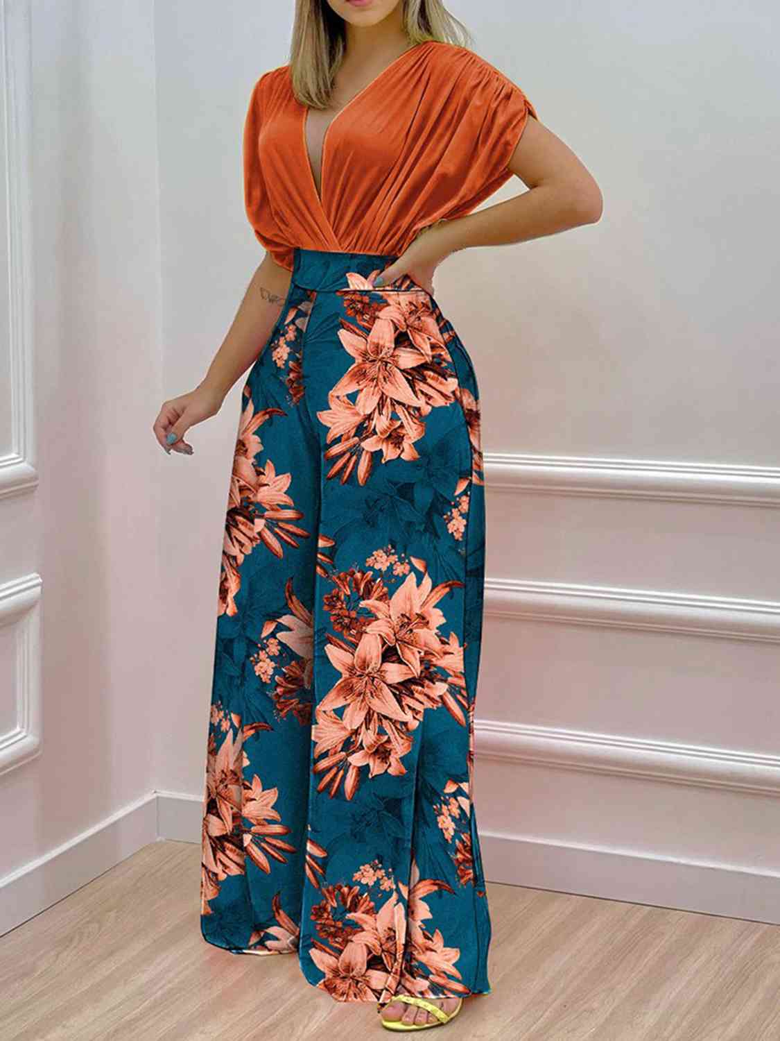 Printed Surplice Top and Wide Leg Pants Set | Sugarz Chique Boutique