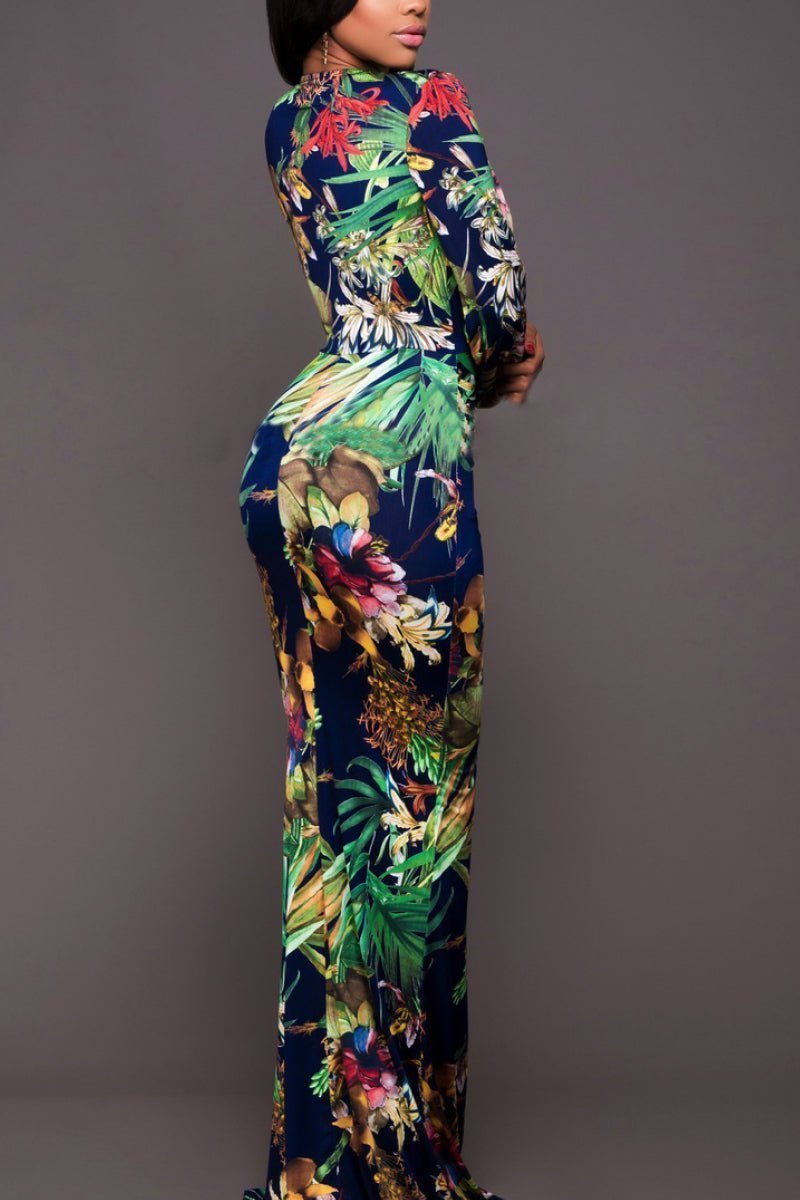 Printed Plunge Neck Leg Split Maxi Dress | Sugarz Chique Boutique