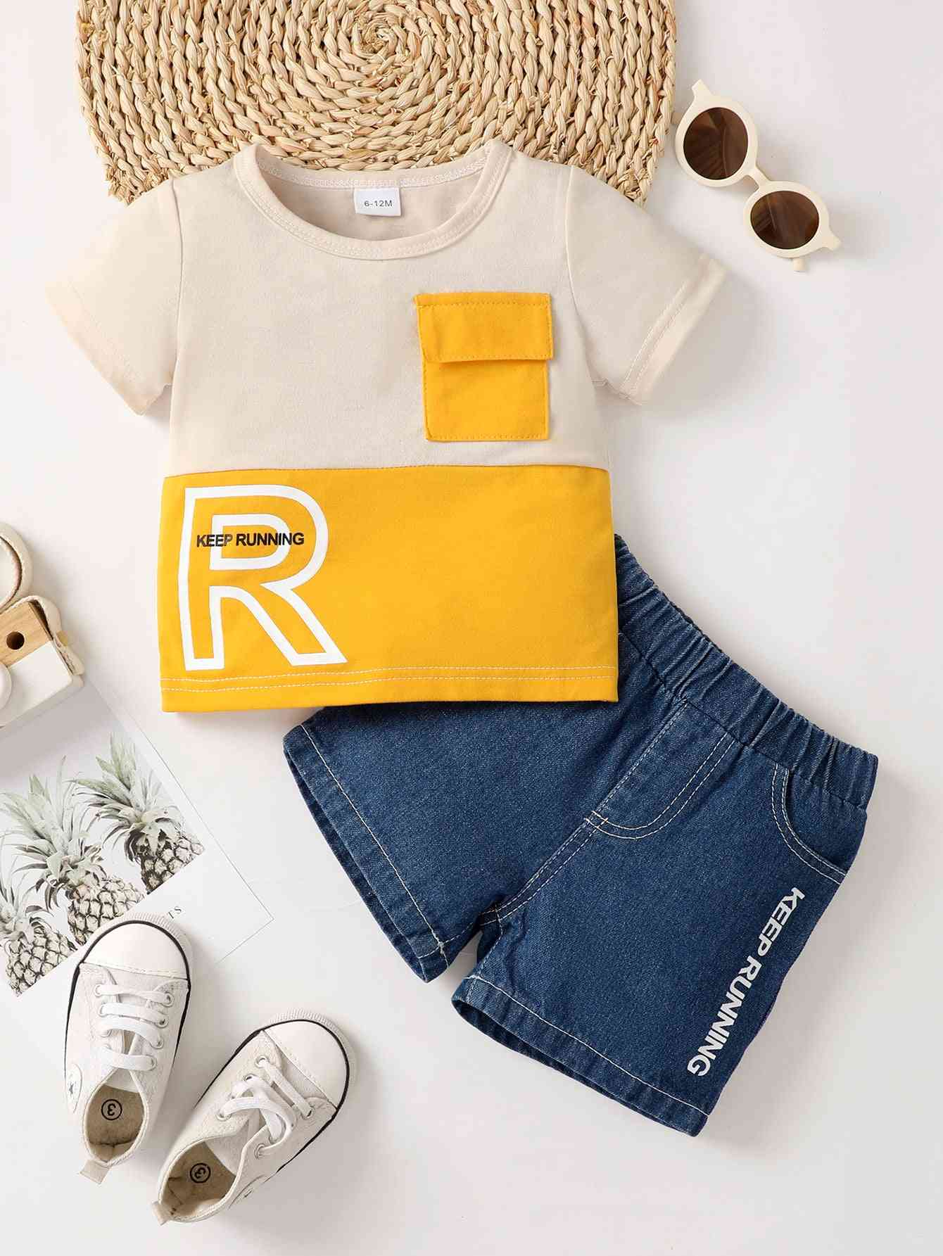 KEEP RUNNING Round Neck Tee and Denim Shorts Set | Sugarz Chique Boutique