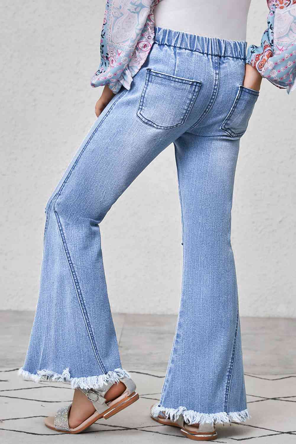 Girls Distressed Frayed Trim Flare Jeans | Sugarz Chique Boutique