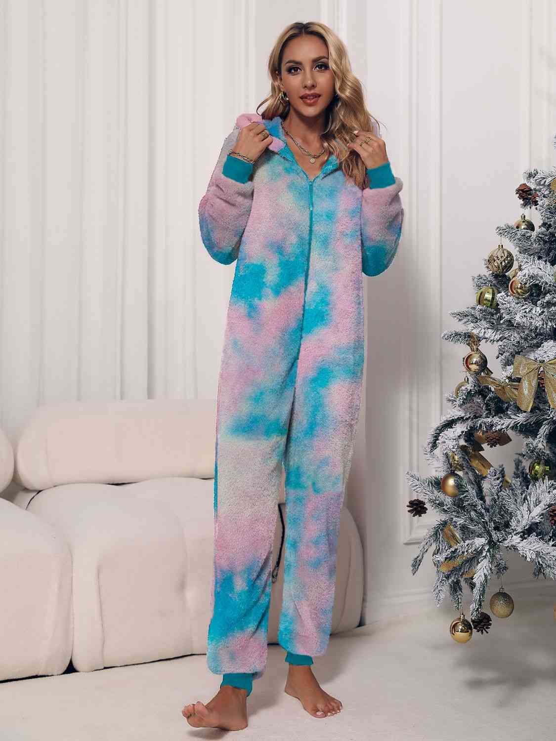 Zip Front Long Sleeve Hooded Teddy Lounge Jumpsuit | Sugarz Chique Boutique
