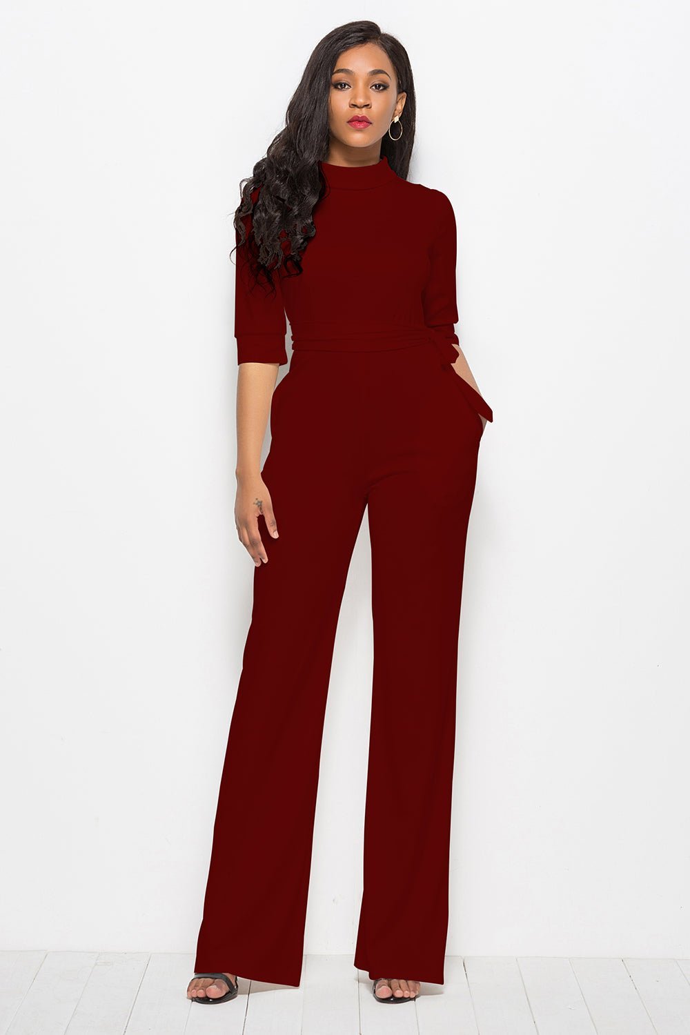 Mock Neck Tie-Waist Half Sleeve Jumpsuit | Sugarz Chique Boutique