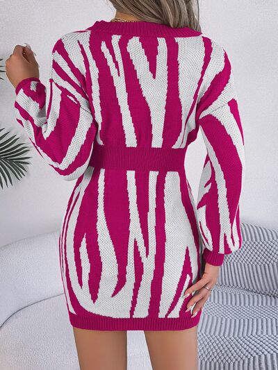 Animal Print V-Neck Long Sleeve Sweater Dress | Sugarz Chique Boutique