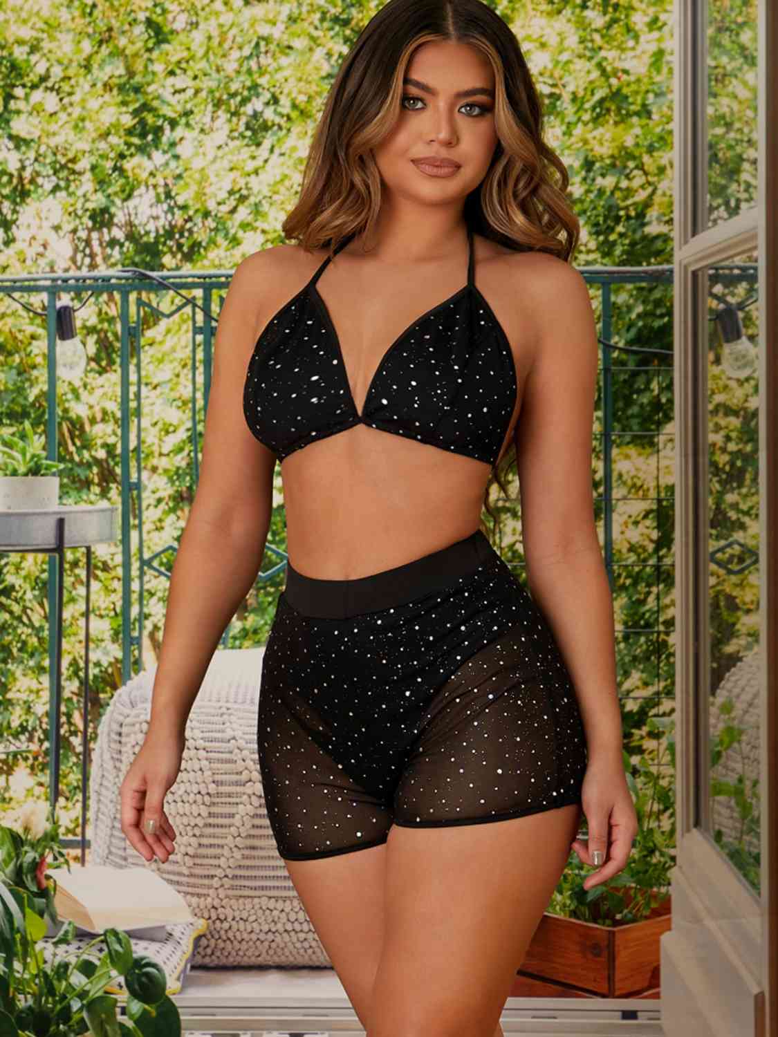 Rhinestone Halter Neck Bralette and Shorts Set | Sugarz Chique Boutique