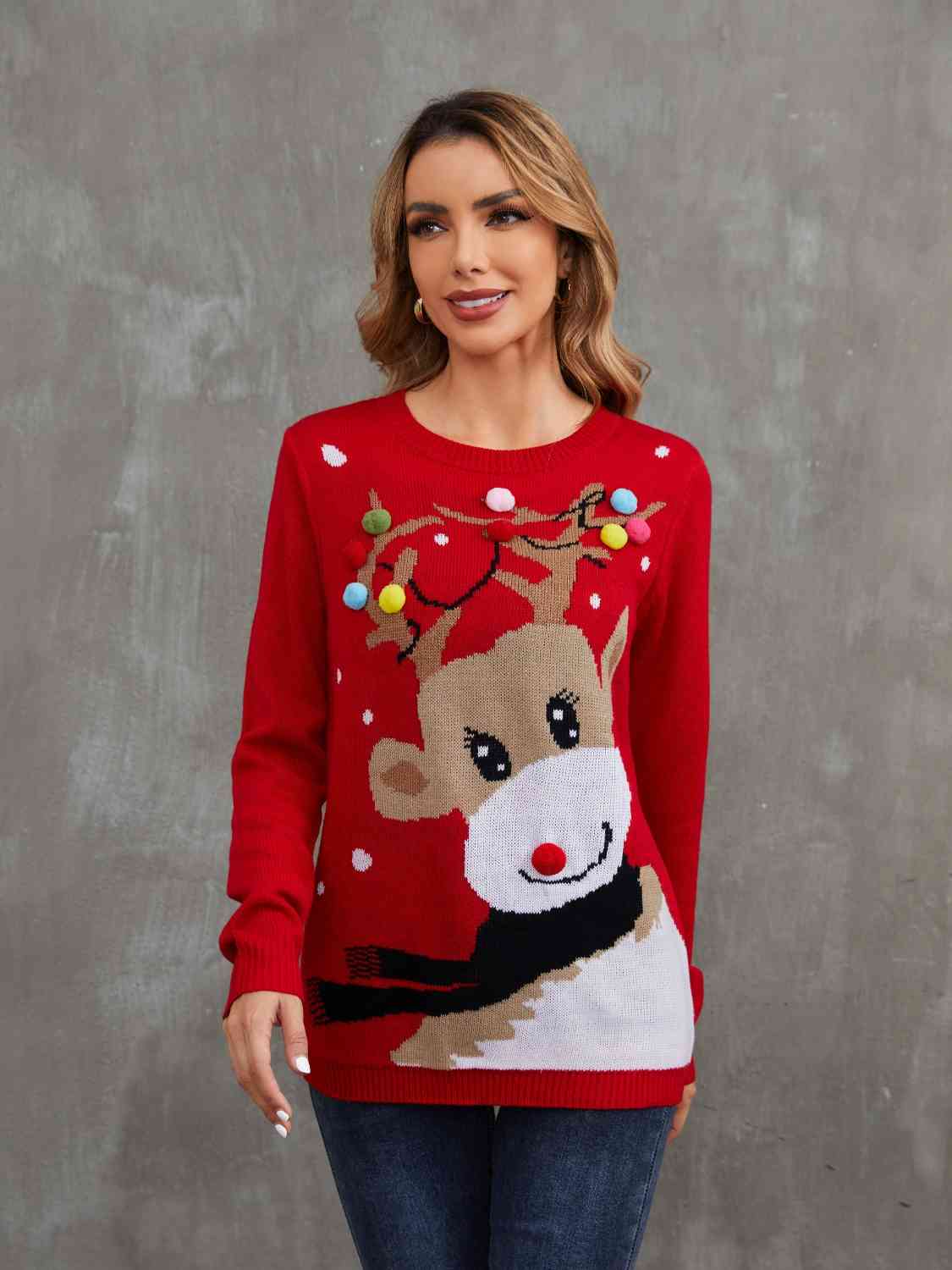 Rudolph Pom-Pom Trim Sweater | Sugarz Chique Boutique