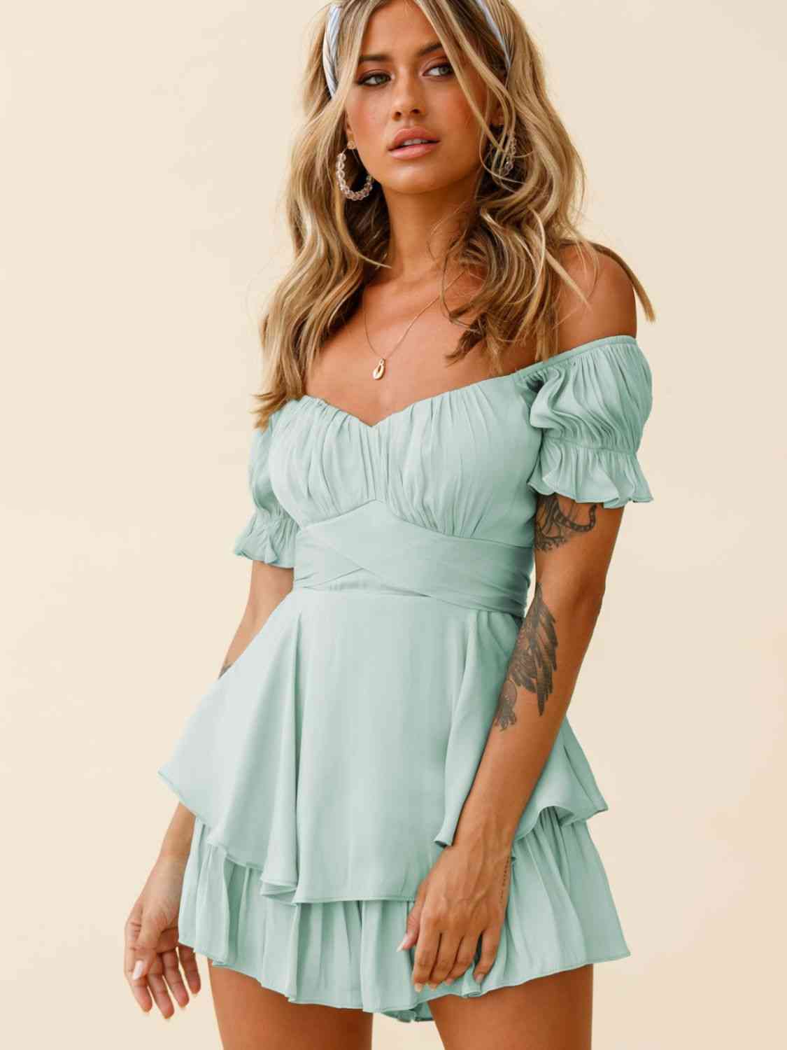 Off Shoulder Flounce Sleeve Romper | Sugarz Chique Boutique
