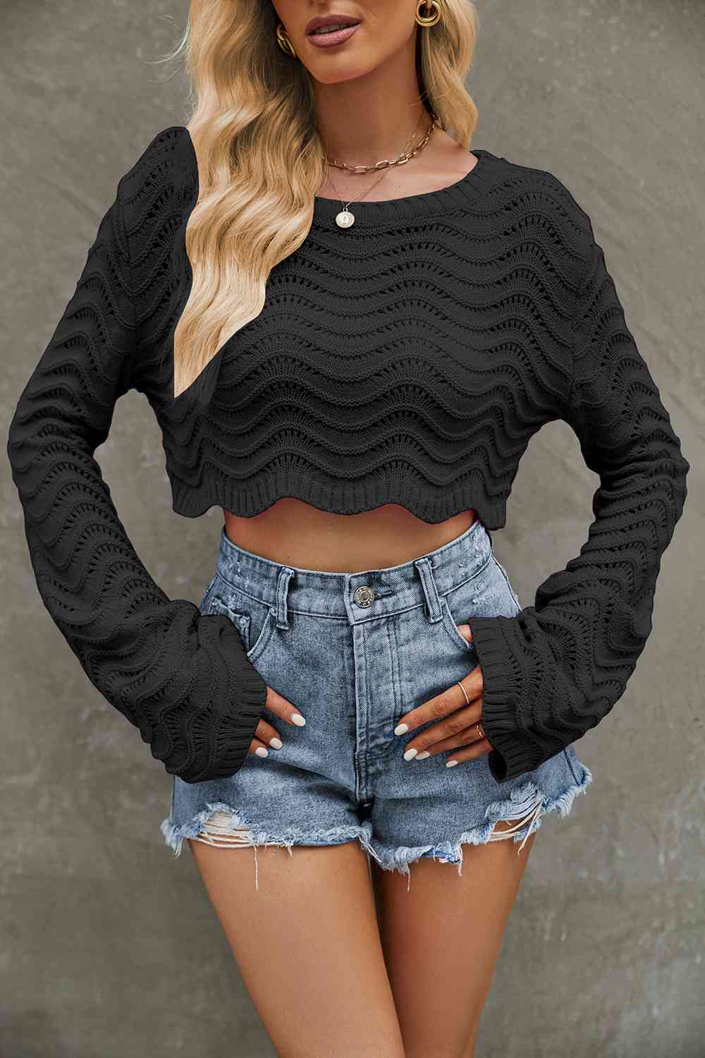 Round Neck Long Sleeve Cropped Sweater | Sugarz Chique Boutique