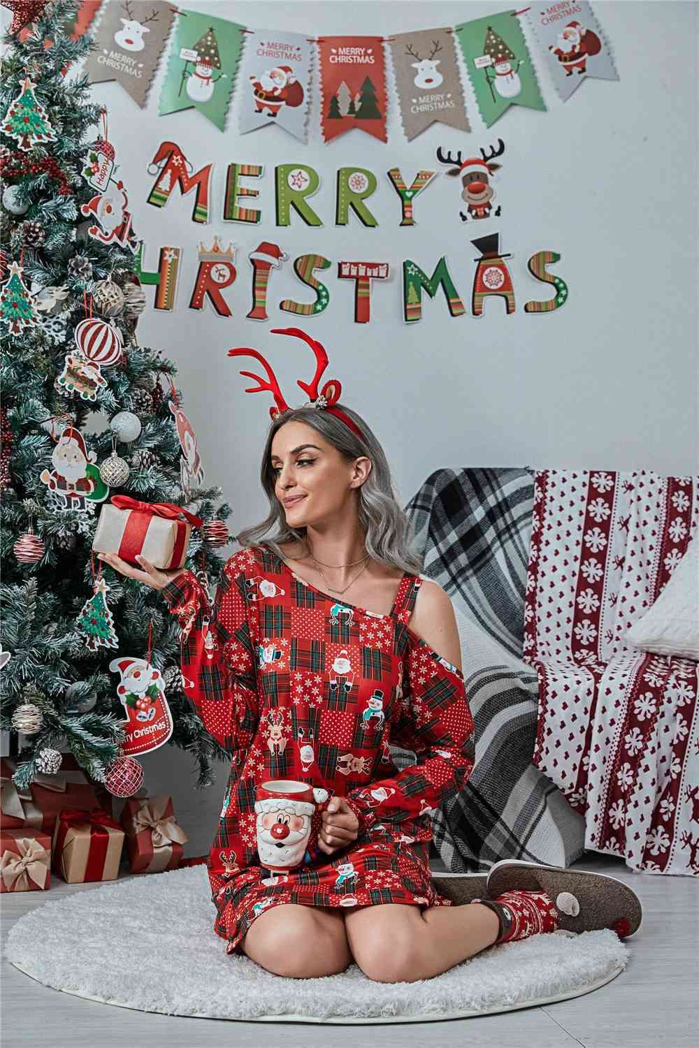 Christmas Asymmetrical Neck Long Sleeve Dress | Sugarz Chique Boutique