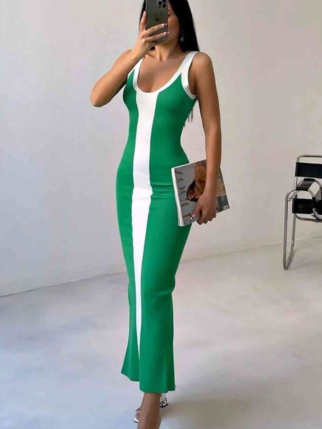 Contrast Wide Strap Slit Midi Dress | Sugarz Chique Boutique